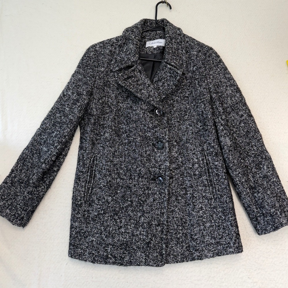 Calvin Klein Womens Petite 6 Wool Blend Tweed Pea Coat Black White Gray P6